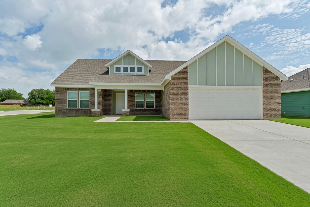 Brick H2 Habitat home exterior with sage gable details, green lawn, and two-car garage
