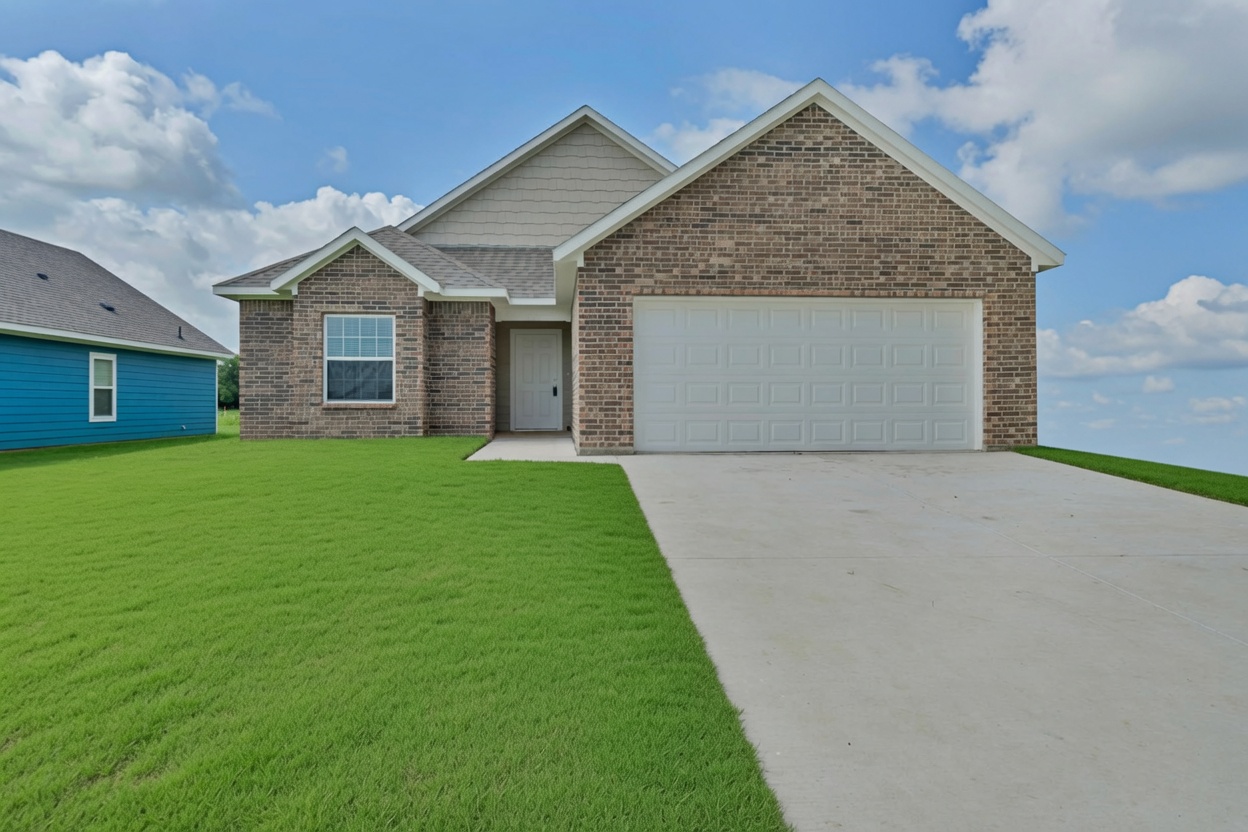 Brick H3 Habitat home exterior with wide driveway, attached garage, and green lawn